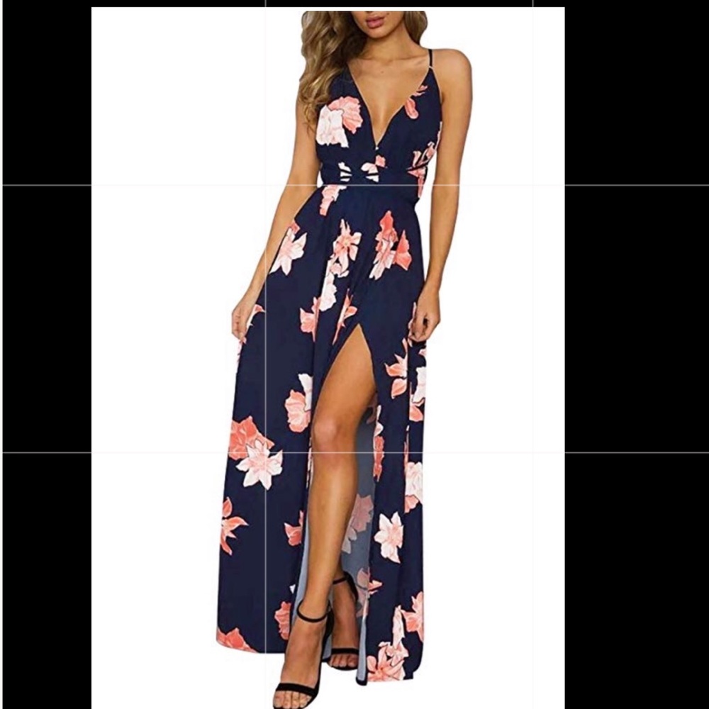 Floral maxi dress.  Navy and pink